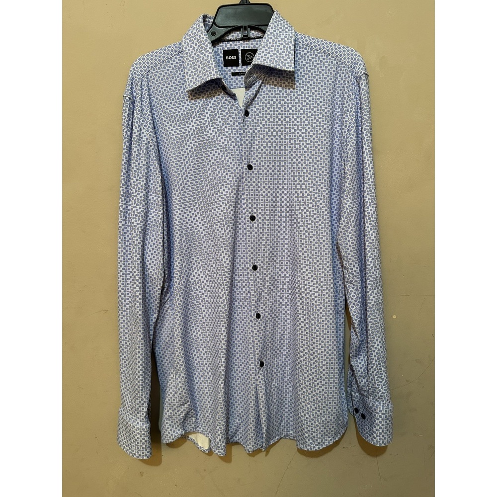 BOSS Performance Dress Shirt sz L Blue White Geometric Slim Fit Long Sleeve